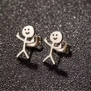 18K White Gold Stick Figure Middle Finger, Flipping Off/ The Bird Stud Earrings
